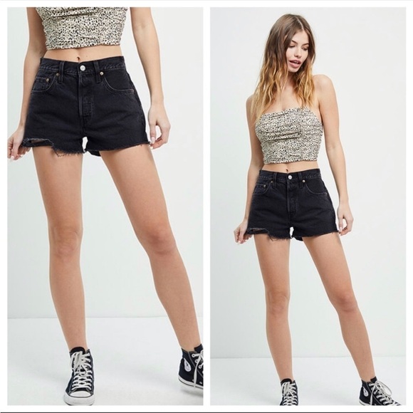 Levi’s 501 Premium Black Button Fly Distressed Cutoff Denim Shorts - Picture 1 of 6